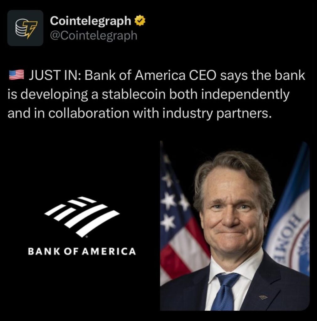 Laut CEO von Bank of America entwickelt die Bank sowohl unabhängig als auch in Zusammenarbeit mit Branchenpartnern ein Stablecoin