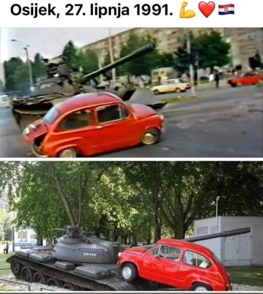 An diesem Tag im Jahr 1991 wurde der kleine rote Fico zu einem Symbol des Widerstands – während der jugoslawische Panzer unerbittlich durch die Straßen von Osijek fiel und ein Auto überrollte, dessen Besitzer versuchte, den Panzer mit seiner eigenen Körper und seinem eigenen Fahrzeug zu stoppen. An diesem Tag im Jahr 1991 wurde der kleine rote Fico zu einem Symbol des Widerstands - während der jugoslawische Panzer unerbittlich durch die Straßen von Osijek fiel und ein Auto überrollte, dessen Besitzer versuchte, den Panzer mit seiner eigenen Körper und seinem eigenen Fahrzeug zu stoppen.