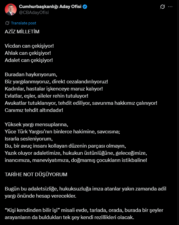 Ekrem Imamoglu, heute "wir sind bedroht", twitterte er. Das ist sehr ernst.