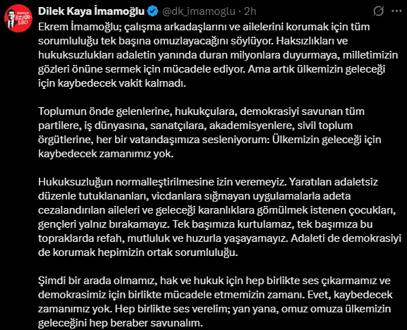 Wir müssen von Dilek Imamoğlu nach Haraketi "Wir haben keine Zeit," zu verlieren "-Tweet