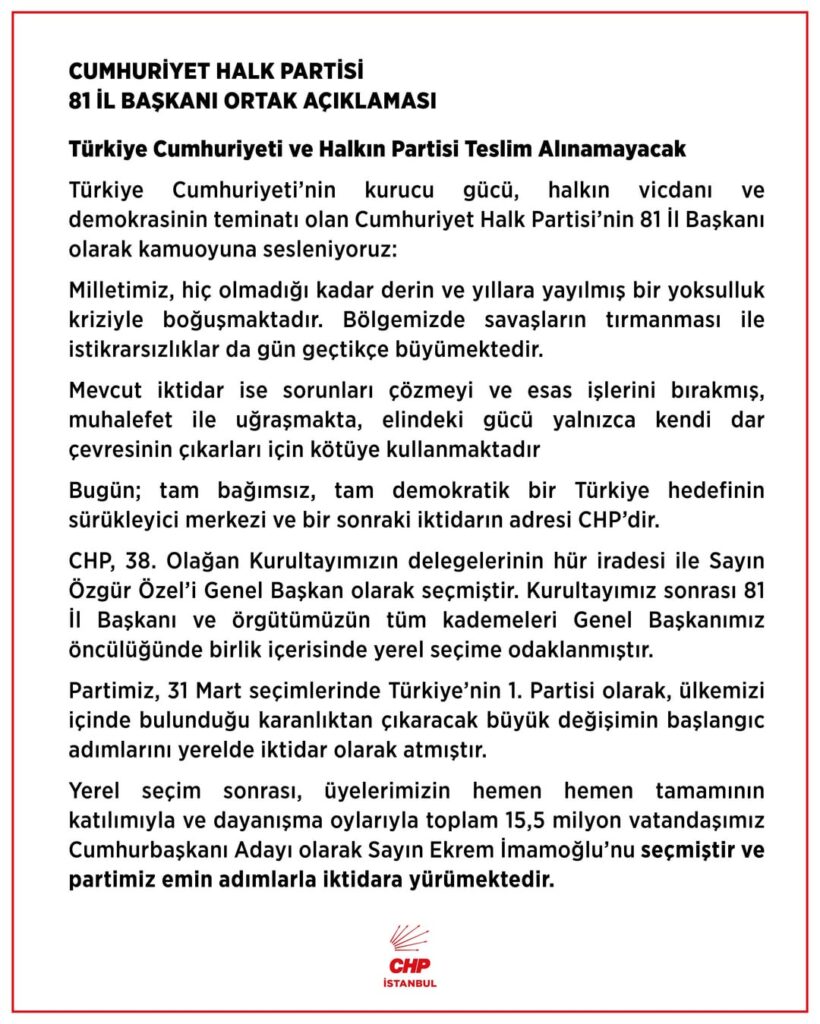 Türkiyes erste Partei; 81 Präsidentschaft der Republikanischen Volkspartei, 38. gewöhnliche Generalversammlung und 21. außergewöhnlicher Kongress des offenen - legitimen Willens und Präsident Ozgur Ozel.