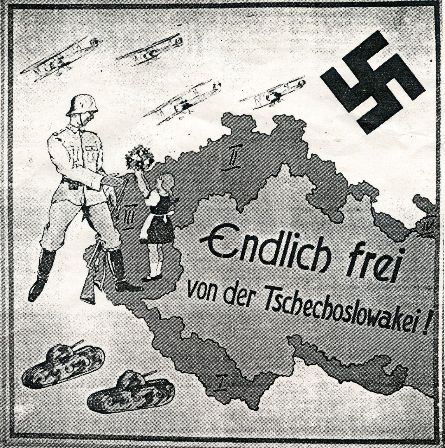 "Endlich frei von Tschechoslowakei!" Sudeten Deutsches Poster, das feiert, das nach dem Münchenabkommen in Deutschland annektiert wird (1938)