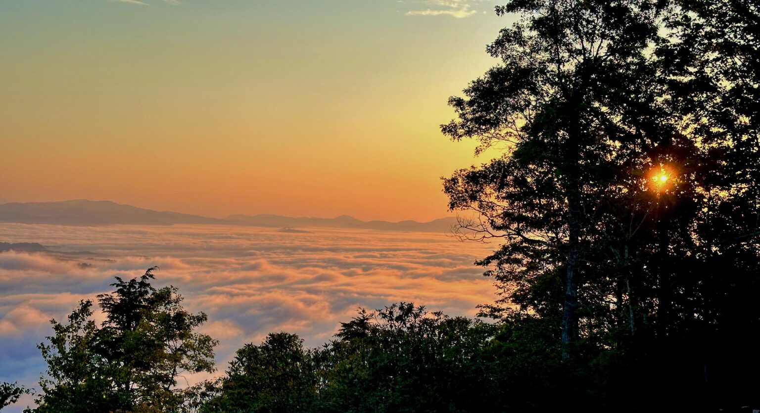 Es ist ein niedriger Wolkenmorgen Sonnenaufgang, der in Richtung der Blue Ridge Mountains schaut