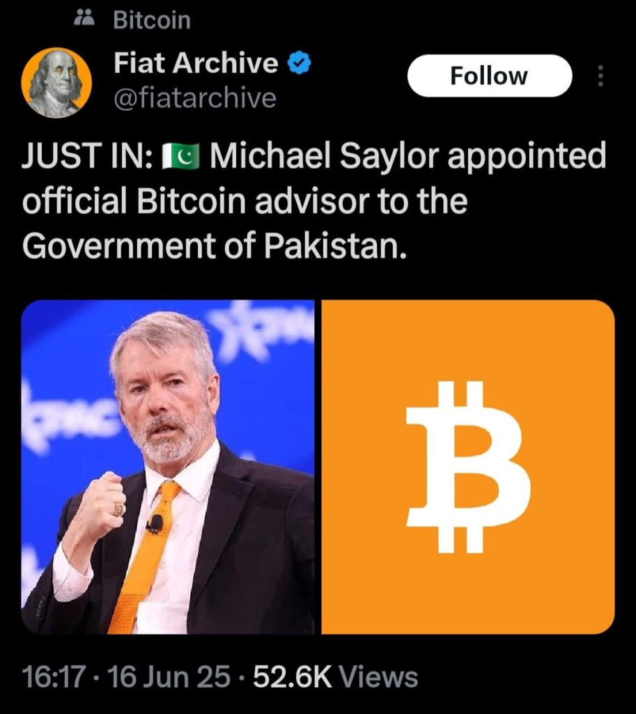 Pakistan ernennt Michael Saylor zum offiziellen Berater für Bitcoin.