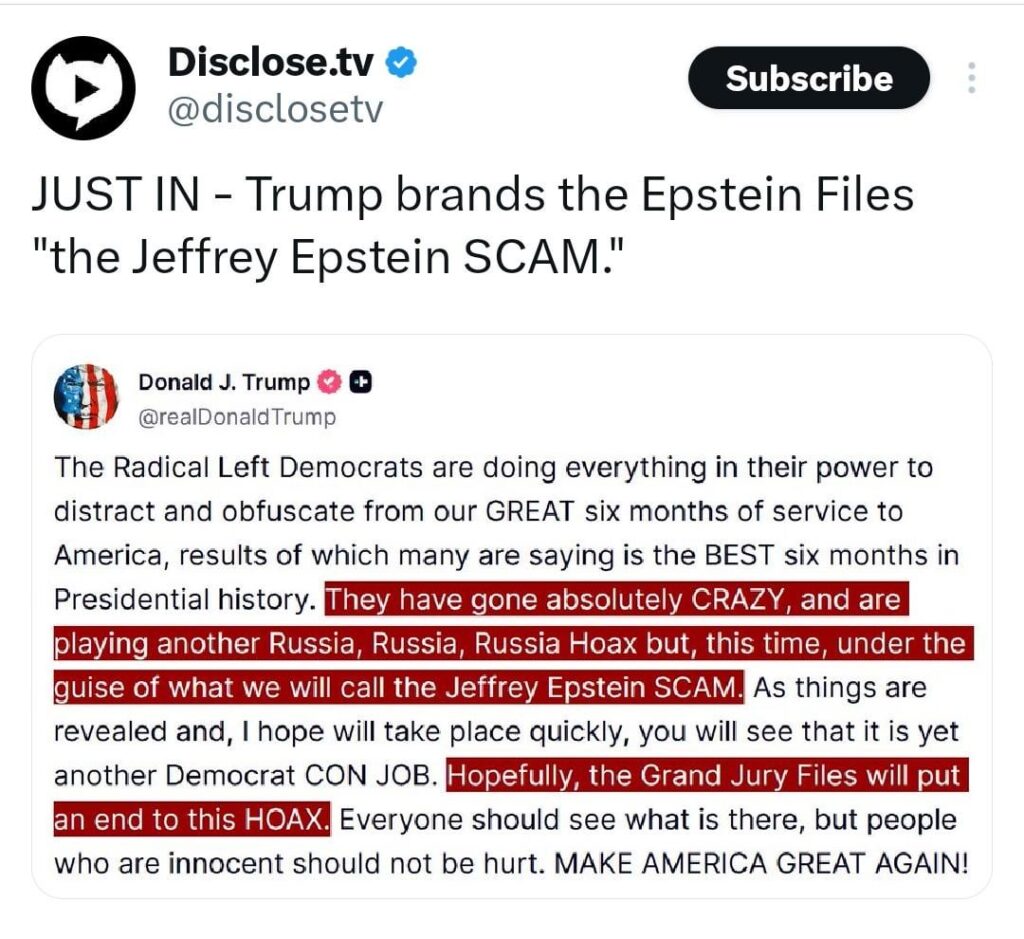 Trump Marken Die Epstein -Akten "The Jeffery Epstein Scam" - Wow. Eliten, die auf einer Insel gehandelt werden und Kinder vergewaltigen, sind jetzt "Fälschung".