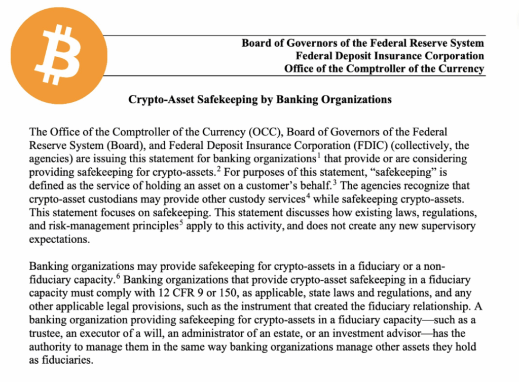 Federal Reserve & US -Aufsichtsbehörden bestätigen: Banken können Bitcoin & Crypto das Gewahrsam sein