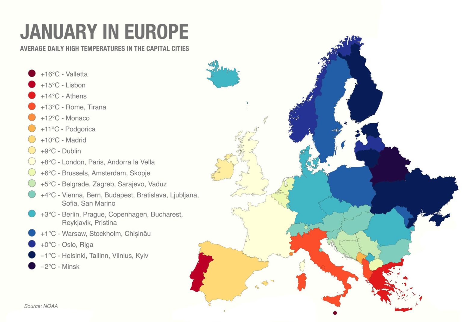 [OC] Januar Durchschnittliche tägliche hohe Temperaturen in den Hauptstädten Europas