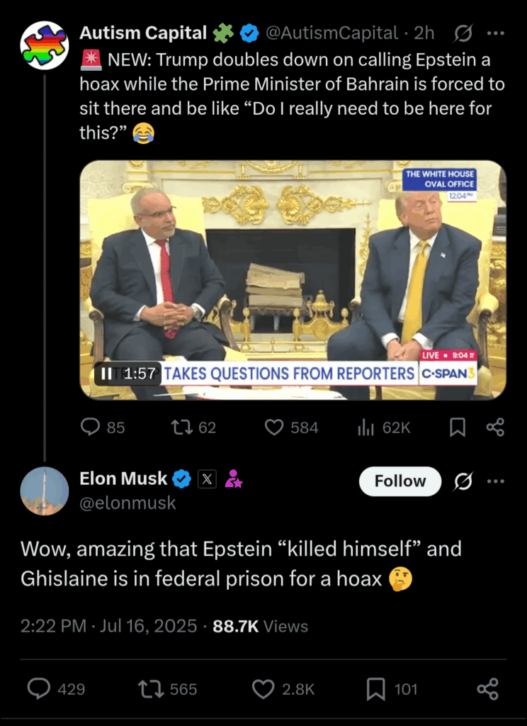 Wow, erstaunlich, dass Epstein sich selbst „getötet“ und Ghislaine im Bundesgefängnis für einen Scherz befindet 🤔