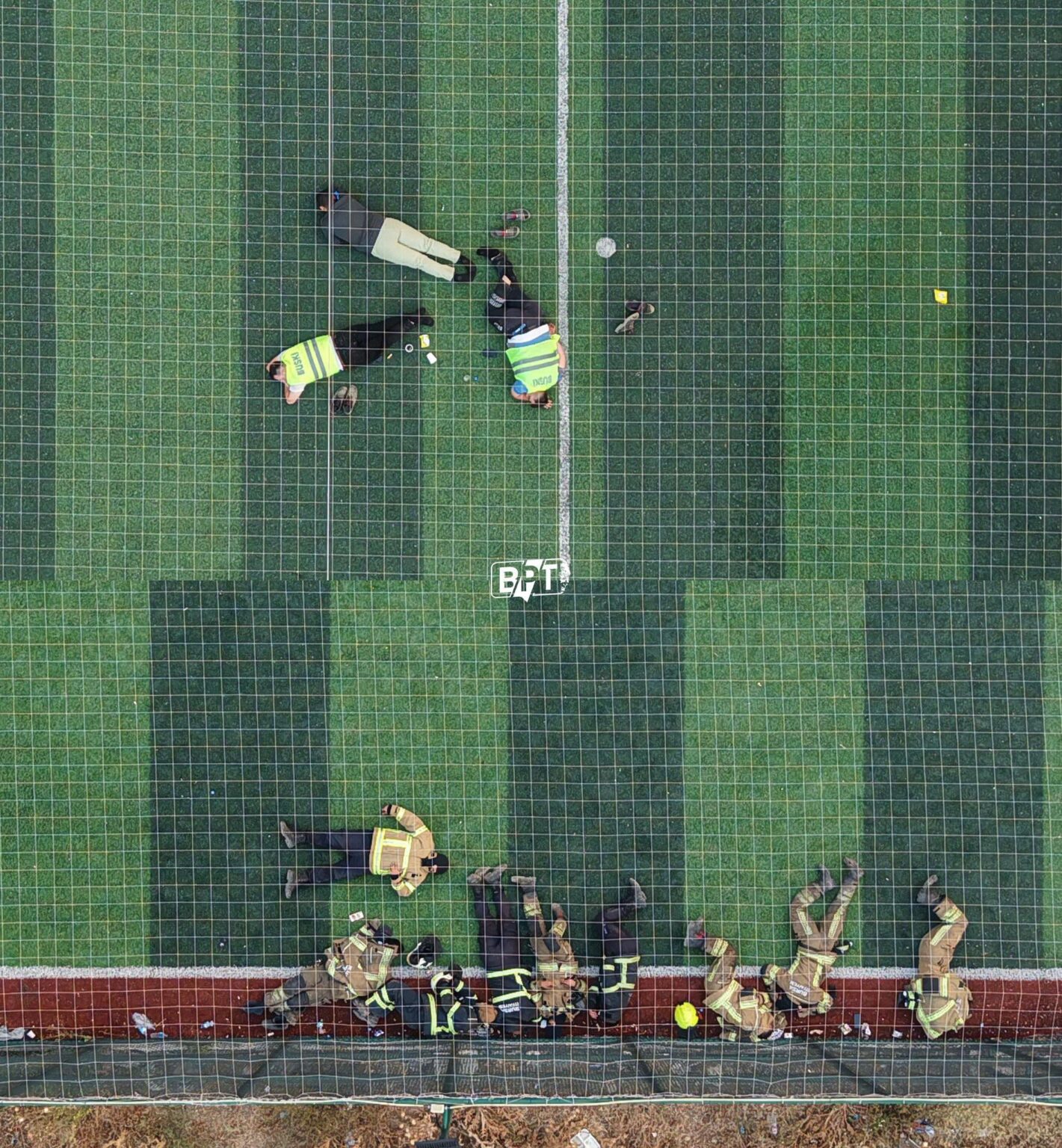 Nachdem die Feuerwehrleute 12 Stunden lang gegen Waldbrände in Bursa gearbeitet hatten, ruhten sie in den frühen Morgenstunden auf einem Fußballfeld in Indoor
