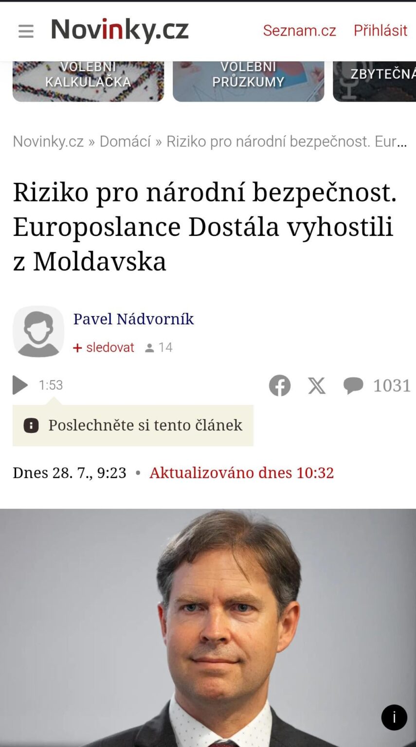 Mate war genug! Ondřej Dostál warf sich von Moldawien weg und beschlagnahmte seinen diplomatischen Pass vorübergehend. Nach Angaben der örtlichen Behörden ist es ein Risiko für die nationale Sicherheit.