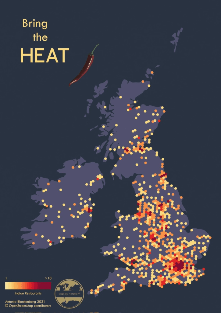 Dichte Hitzekarte indischer Restaurants in Großbritannien und Irland [OC]