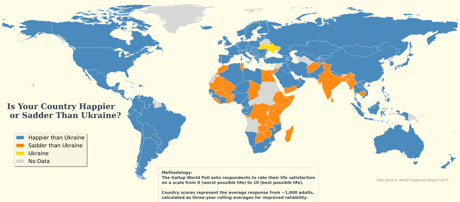 [OC] Ist Ihr Land glücklicher oder trauriger als die Ukraine?
