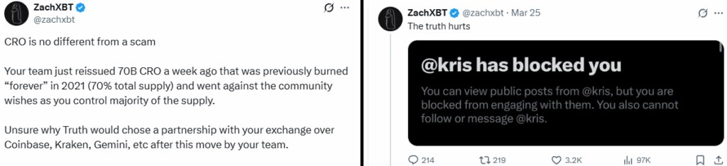 Rückfall in die Zeit ZachxBT Ein Krypto -Betrugsermittler beschuldigte Crypto.com, CRO -Inhaber zu betrogen, was dazu führte, dass er von ihrem CEO blockiert wurde.