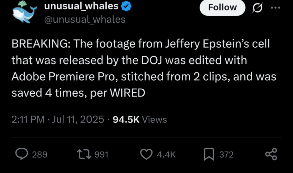 Liste: verschwunden. Filmmaterial: Bearbeitet. Epstein: Sie hat sich nicht getötet. Pam Bondi: Lügen.