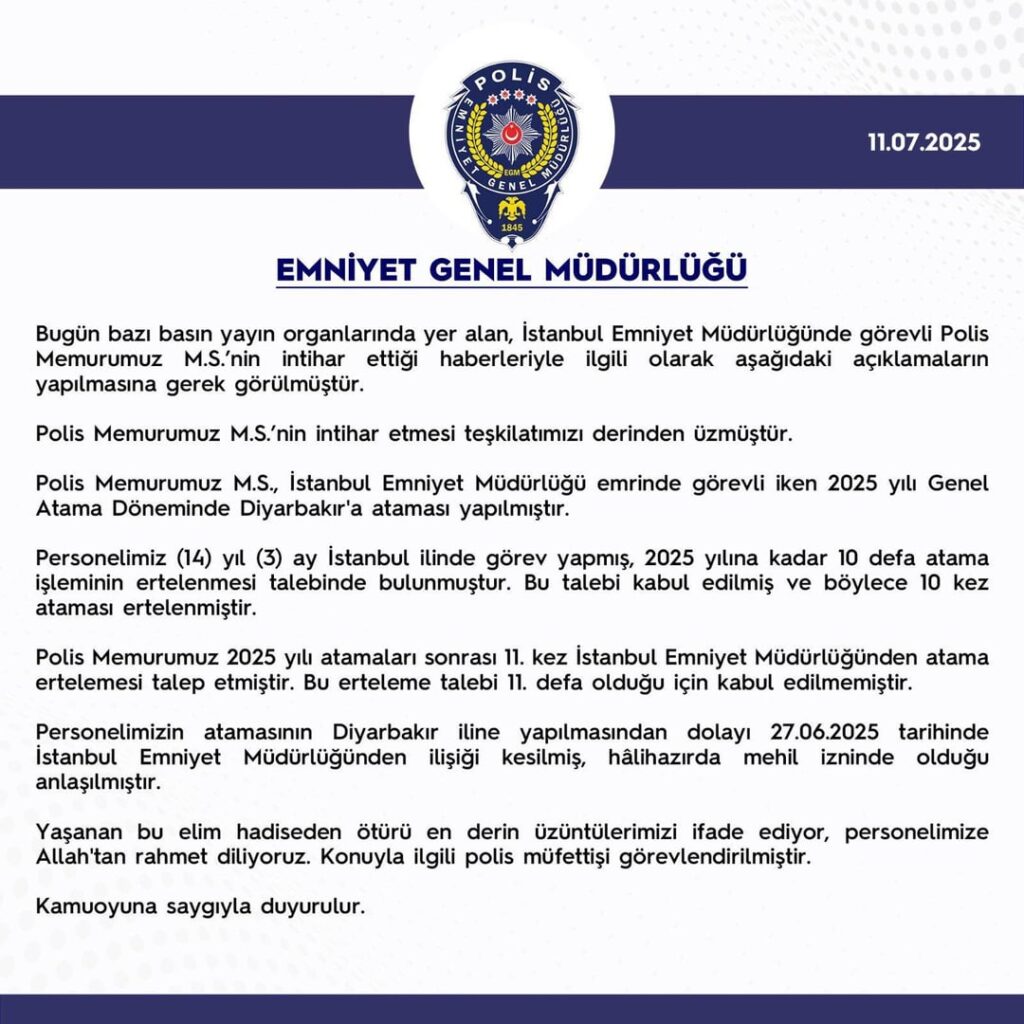 Die Erklärung von Istanbul EGM über die Polizei, die am 11. Juli Selbstmord begangen hat, und die Briefe der Polizei | Somit betrug die Anzahl der Selbstmord der Polizei im Jahr 2025 50.