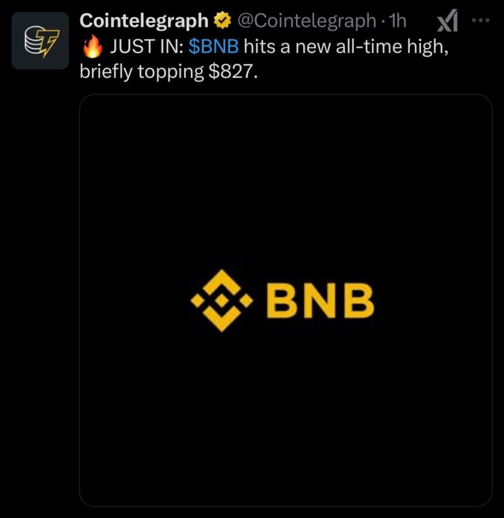 BNB trifft ein neues Allzeithoch, das kurz über 827 US-Dollar belegt ist