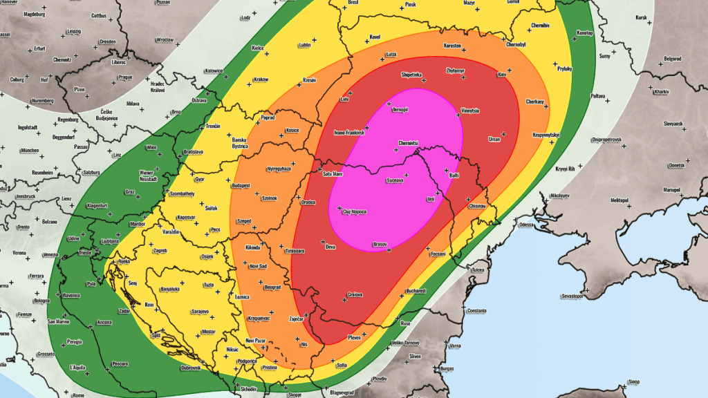 Am Sonntag wurde für Rumänien, Moldawien und Ukraine ein hohes Risiko ausgestellt, gefolgt von einem MDT -Risiko für Italien und die Adria am Montag. Ein 2-tägiger Unwetterausbruch wird prognostiziert.