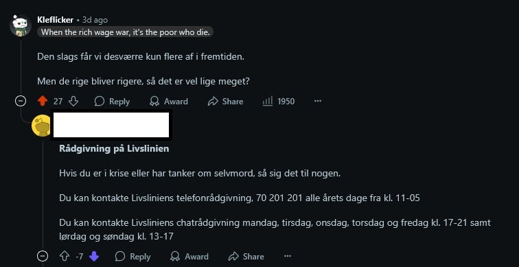 Ist es in Ordnung, einen Kommentar mit der Anzahl der Lebenslinie zu beantworten, wenn im vorherigen Kommentar nichts Selbstmordgedanken zum Ausdruck bringt? Auch als eine Möglichkeit bekannt, einem anderen Benutzer zu sagen, dass sich die Person das Leben nehmen sollte?