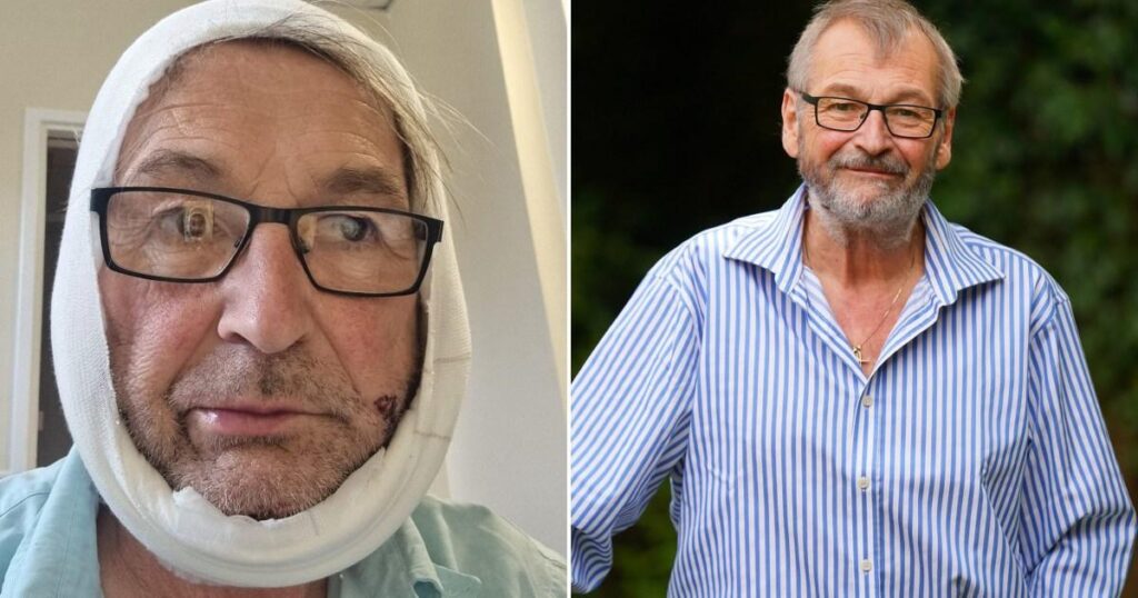 Gärtner, der mit einer Kettensäge die Hals geschnitten hat