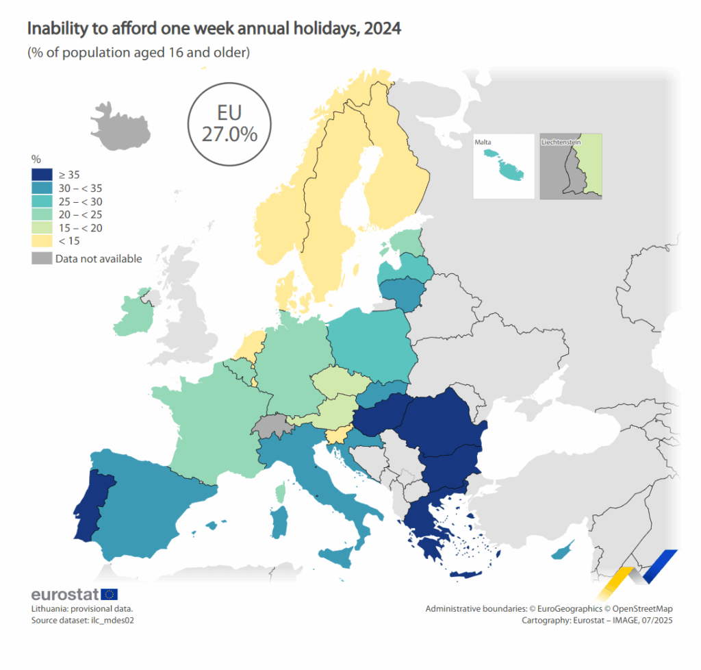 Der höchste Anteil der Personen, die sich keine Woche lang in Rumänien (58,6%), Griechenland (46,0%) und Bulgarien (41,4%) leisten konnten, wurden in Rumänien verzeichnet.