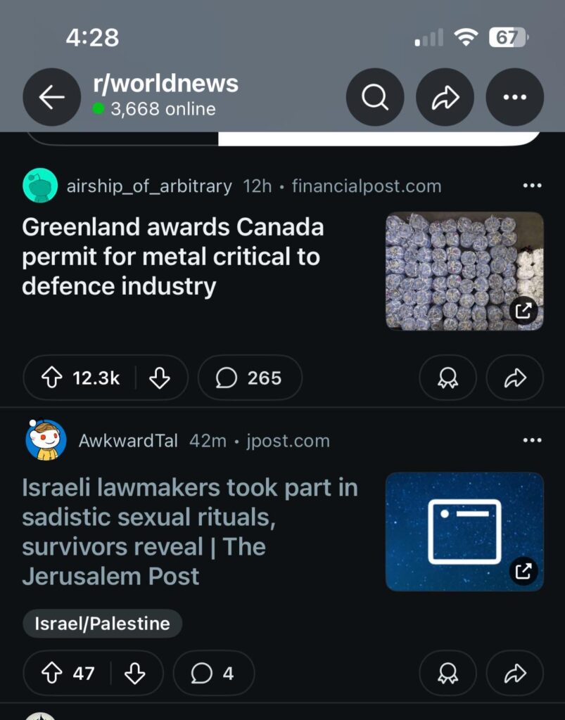Auf der Titelseite von Reddit World News.