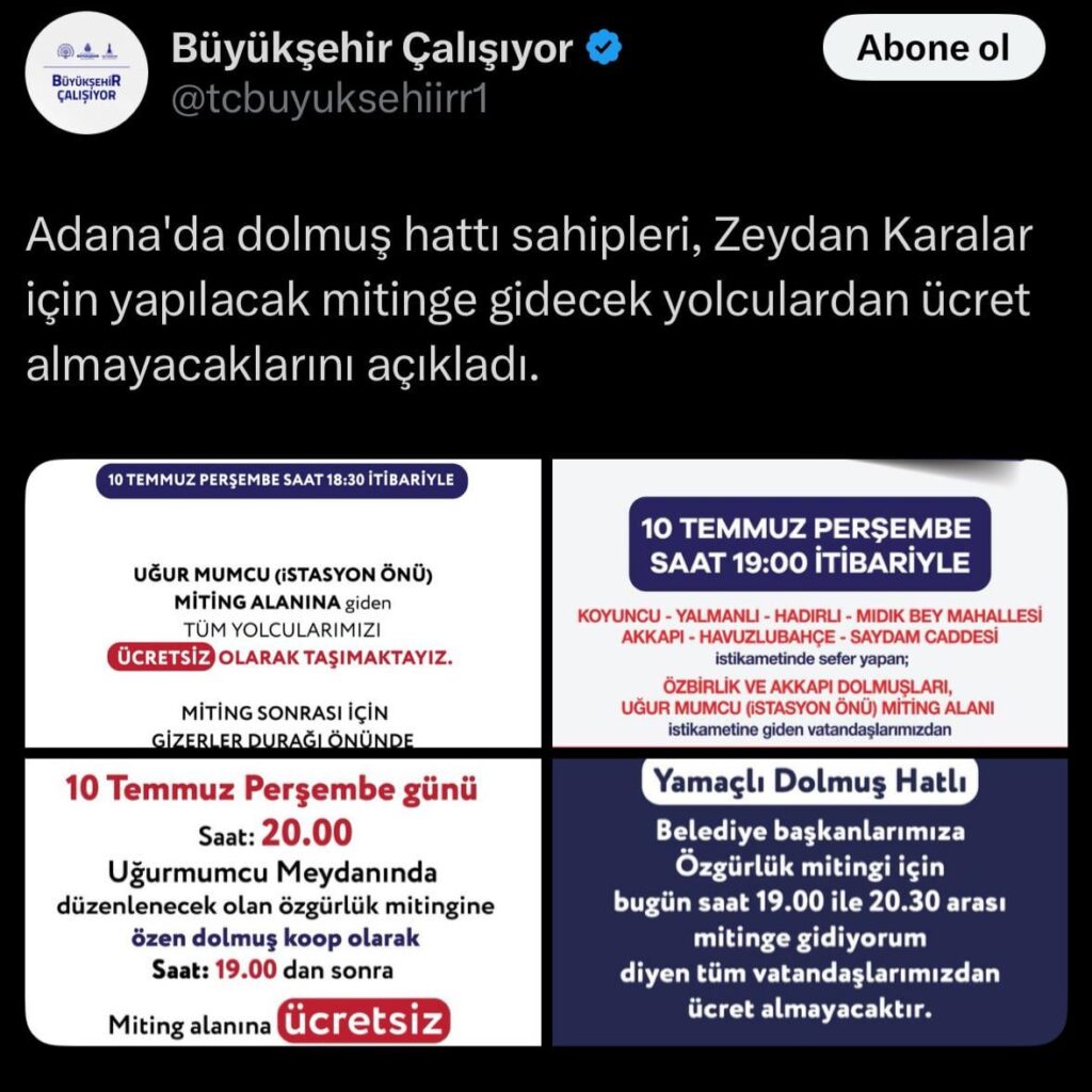 Adana, die heute für die CHP -Rallye Dolmuş -Line -Besitzer festgehalten werden soll, wird zur Rallye keine Gebühren erhalten, die von den Passagieren angekündigt werden.