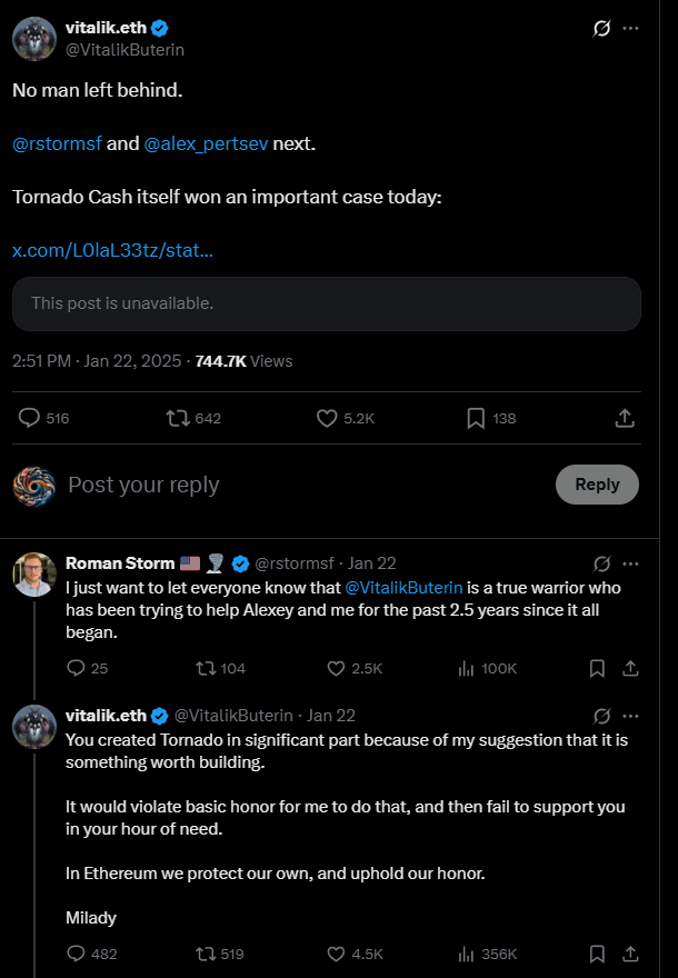 Vitalik Buterin unterstützt Roman Storm, der jahrelang vorhaf, um Open-Source-Datenschutzsoftware, Tornado Cash, zu veröffentlichen