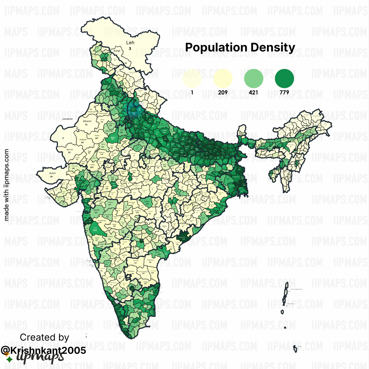 [OC] Bevölkerungsdichtekarte Indiens (Bezirksweisen)
