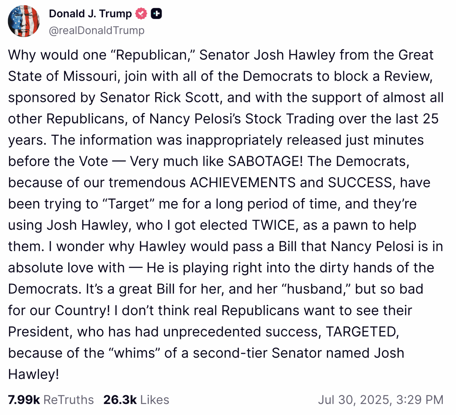Trump stürzt über Josh Hawley ab und schlägt eine Gesetzesvorlage vor, um Politiker aus dem Innen -Aktienhandel zu verbieten.
