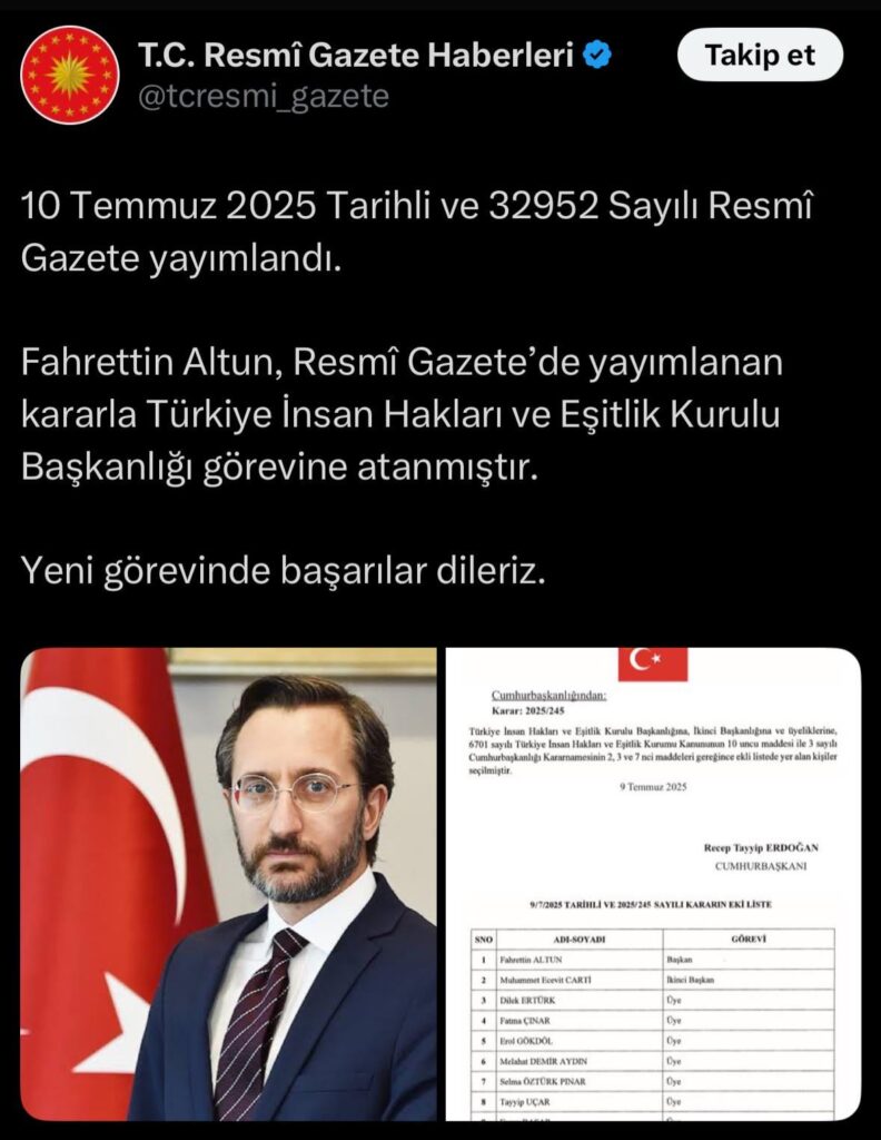 Fahltin Altun, der als Kommunikationsleiter ernannt wurde, wurde zum Vorsitzenden des Türkiye -Vorstands der Menschenrechte und Gleichstellung ernannt.