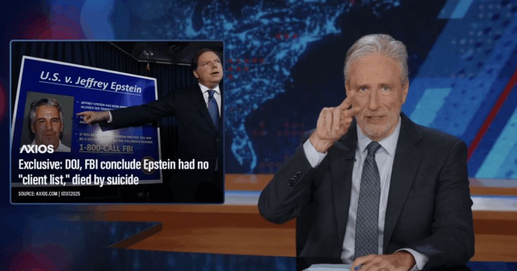 Jon Stewart stellt den Monolog auf Eis, um Donald Trump zu verspotten, weil sie Jeffrey Epstein List verschwinden lässt