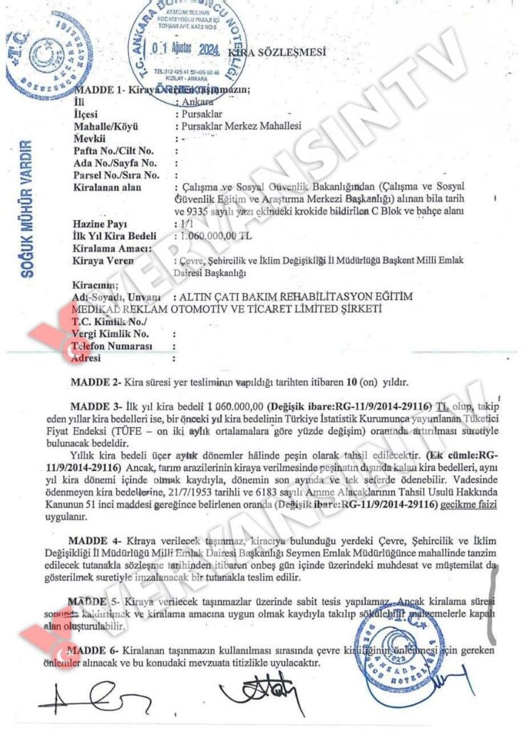 Der Bezirk Pursaklar von Ankara, der als Gästehaus des Ministeriums für Arbeits- und Sozialversicherung, Minister Vedat Işıkhans Universitätsfreund -Unternehmen, auf Kosten der Mietbescheinigung verwendet. (SEHRANSIN TV)