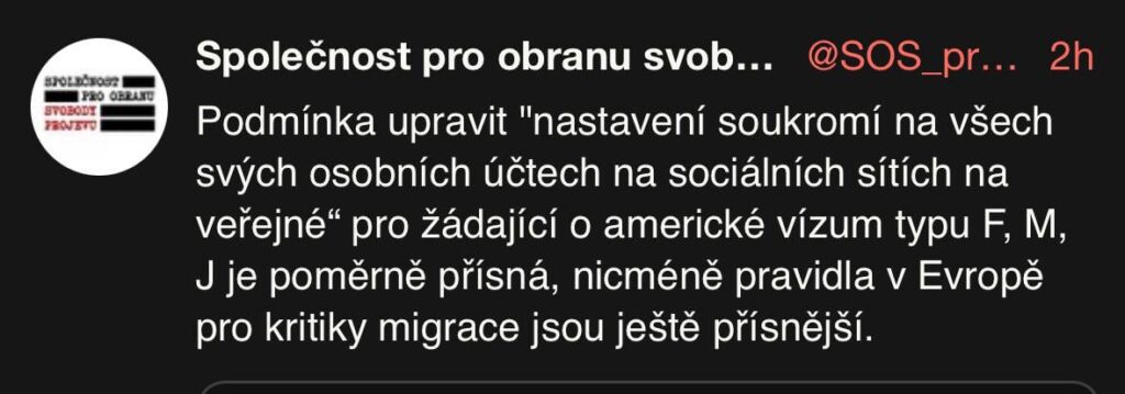 Die USA wollen offene soziale Netzwerke, damit sie Visa -Bewerber kasieren können. Vávrová -Gesellschaft zur Verteidigung der Meinungsfreiheit: