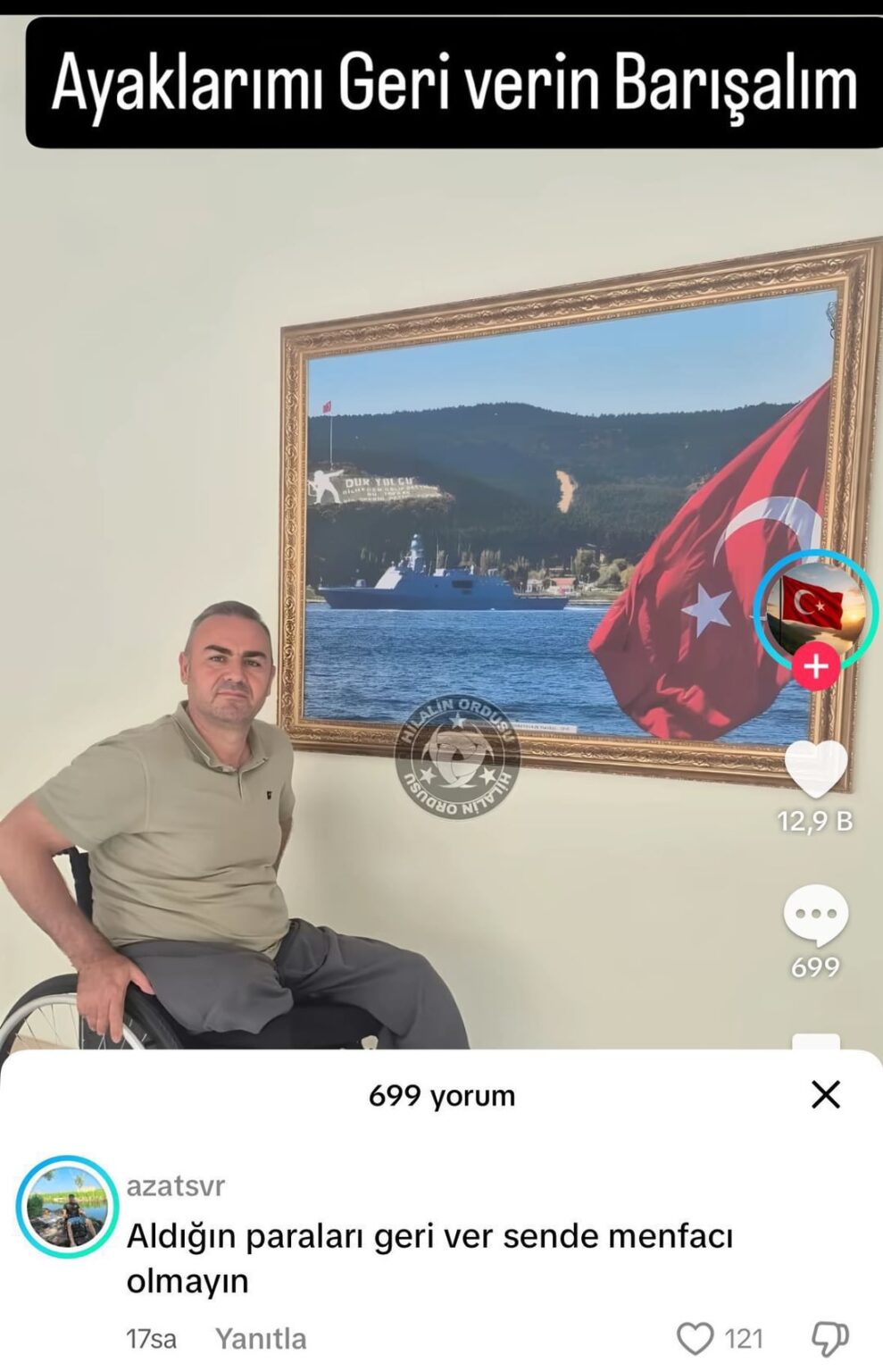 In seinem Social -Media -Account: "Gib meine Füße zurück, lass uns Frieden schließen, sagte Gazi, Gazi Hikmet Ozcanli:" Gib das Geld zurück, das du erhält. "