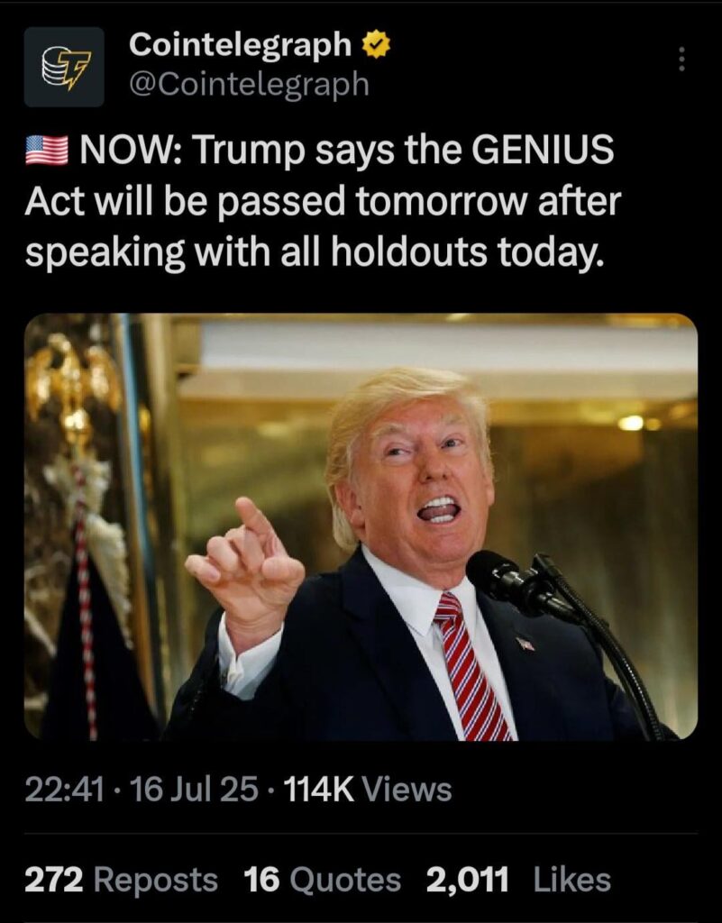 Trump sagt, dass der geniale Gesetz morgen nach dem Gespräch mit allen Holdouts heute verabschiedet wird.