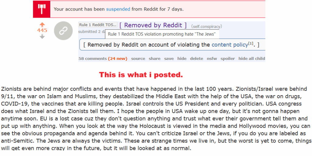 Aufgehängt, um Zionisten und Israel zu kritisieren. Mein Beitrag förderte keinen Hass für Juden. Entscheide dich selbst.
