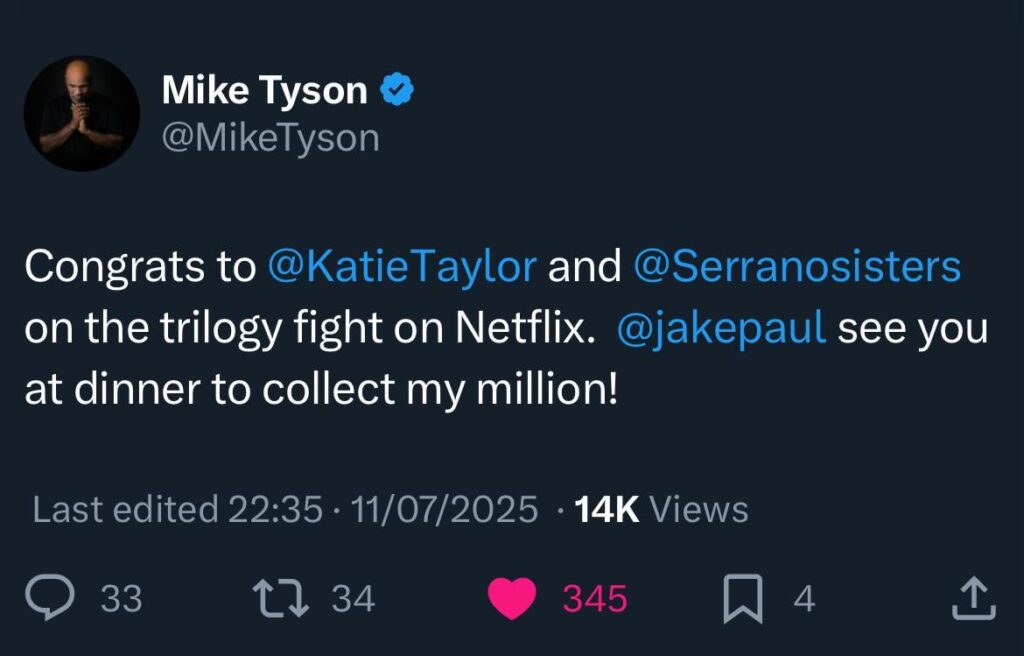 Mike Tyson gewinnt dank des Katie Taylor -Sieges 1 Million Dollar Wette