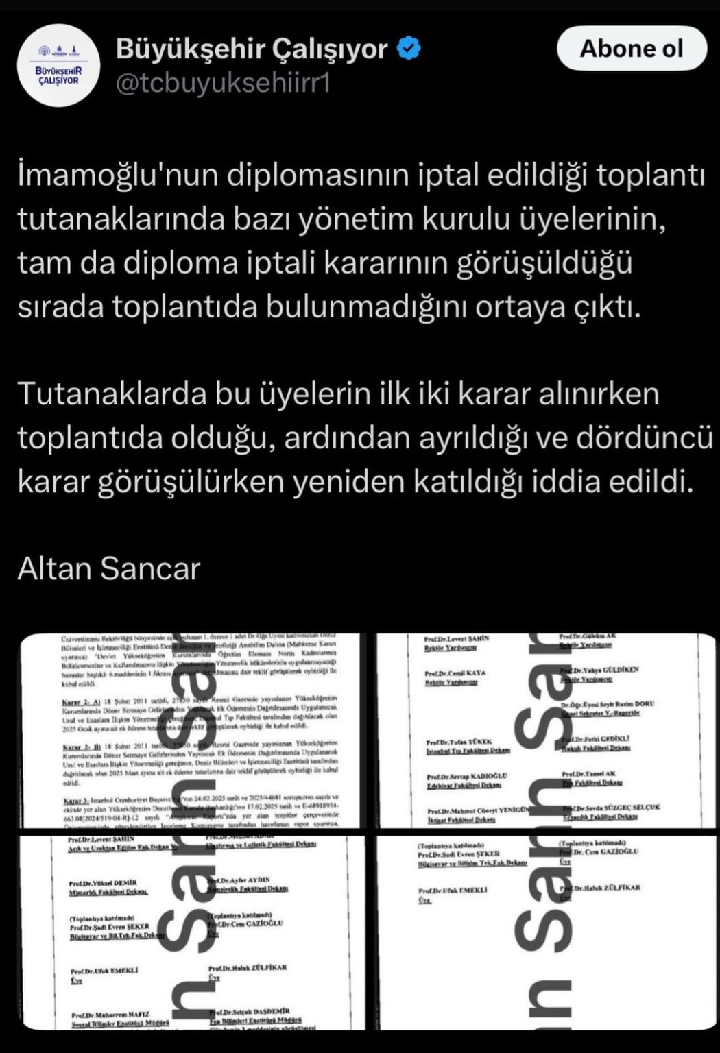 Imamoglu -Diplom wurde in dem Sitzungsprotokoll abgesagt. Einige Mitglieder des Verwaltungsrates waren während des Treffens nicht auf der Sitzung enthüllt!