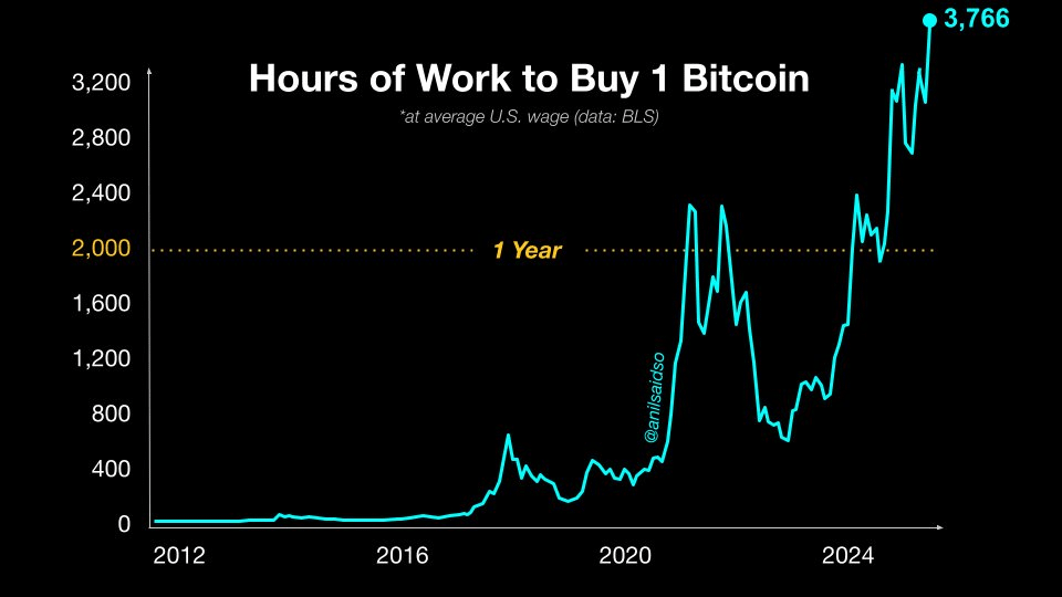 Lustige Tatsache: Sie müssen jetzt über 3.766 Stunden arbeiten, um 1 Bitcoin mit dem durchschnittlichen US -Lohn zu leisten. Digitale Knappheit vom Feinsten.