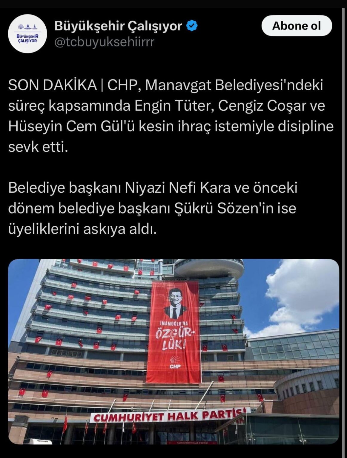 CHP, Gemeinde Manavgat im Rahmen der Untersuchung von 3 Personen, um die Anfrage nach endgültigem Export zu disziplinieren. Er suspendierte die Mitgliedschaft im Bürgermeister und dem Bürgermeister der vorherigen Amtszeit.