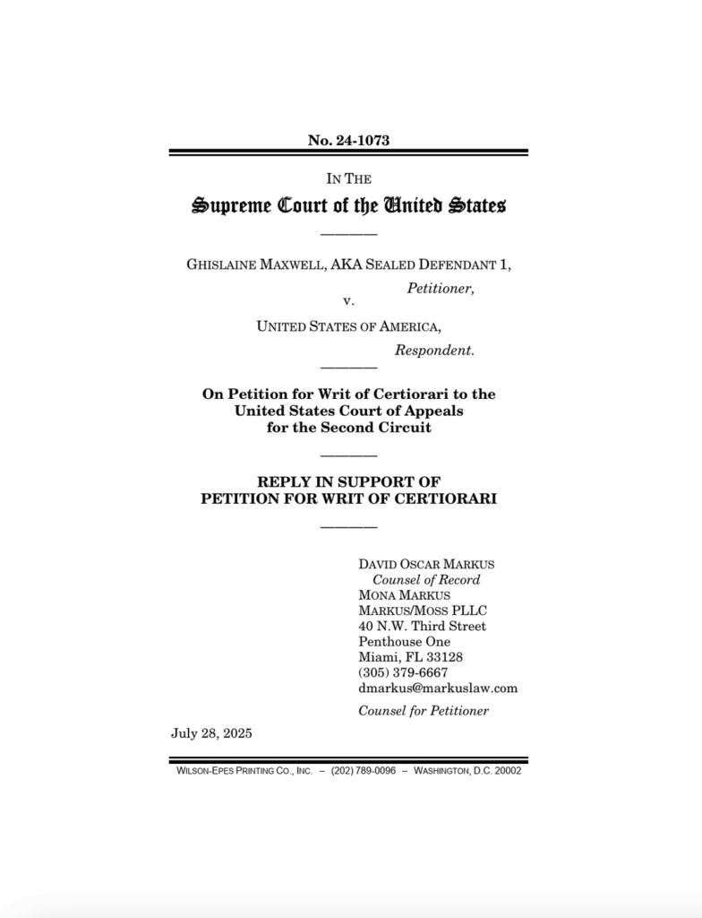 Ghislaaine Maxwell reicht Scotus einen Brief ein, um ihre Überzeugung zu werfen.