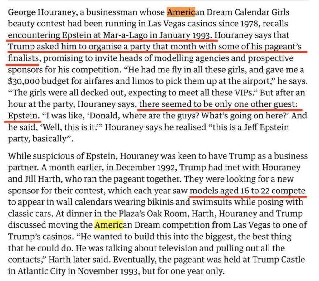 Ein Geschäftsmann sagte in der Aufzeichnung, dass er Partys für Trump und Epstein mit Mädchen im Alter von 16 Jahren organisierte.