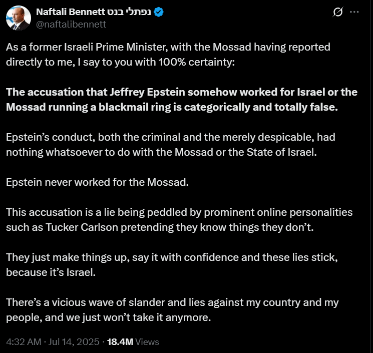 Der ehemalige Israel -Premierminister sagt, dass die Verschwörungen über epstein- und Mossad -Krawatten zu 100% falsch sind. Nun, das beginnt das! Hier nichts zu sehen. Warum reden wir immer noch über dieses Kriechen?