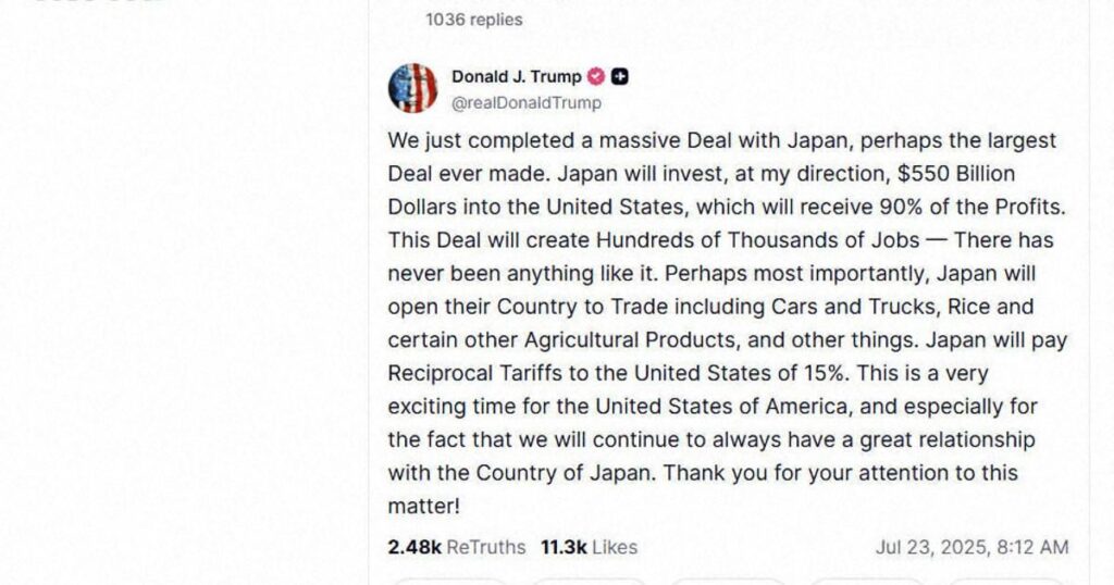 Trump sagt, Japan zustimmt einem gegenseitigen Tarif von 15% im Rahmen des 'massiven' Deals