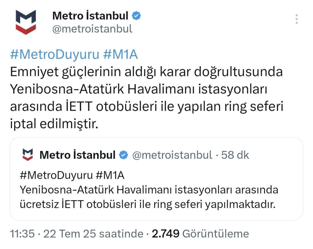 Nach der Entscheidung, die zwischen dem Flughafen Yenibosna-Atürk aufgenommenen U-Bahn-Flüge mit der Entscheidung des Gouverneursbüros zu stoppen, wurden die Ringbusdienste von IETT von den Sicherheitskräften abgesagt Nach der Entscheidung, die zwischen dem Flughafen Yenibosna-Atürk aufgenommenen U-Bahn-Flüge mit der Entscheidung des Gouverneursbüros zu stoppen, wurden die Ringbusdienste von IETT von den Sicherheitskräften abgesagt