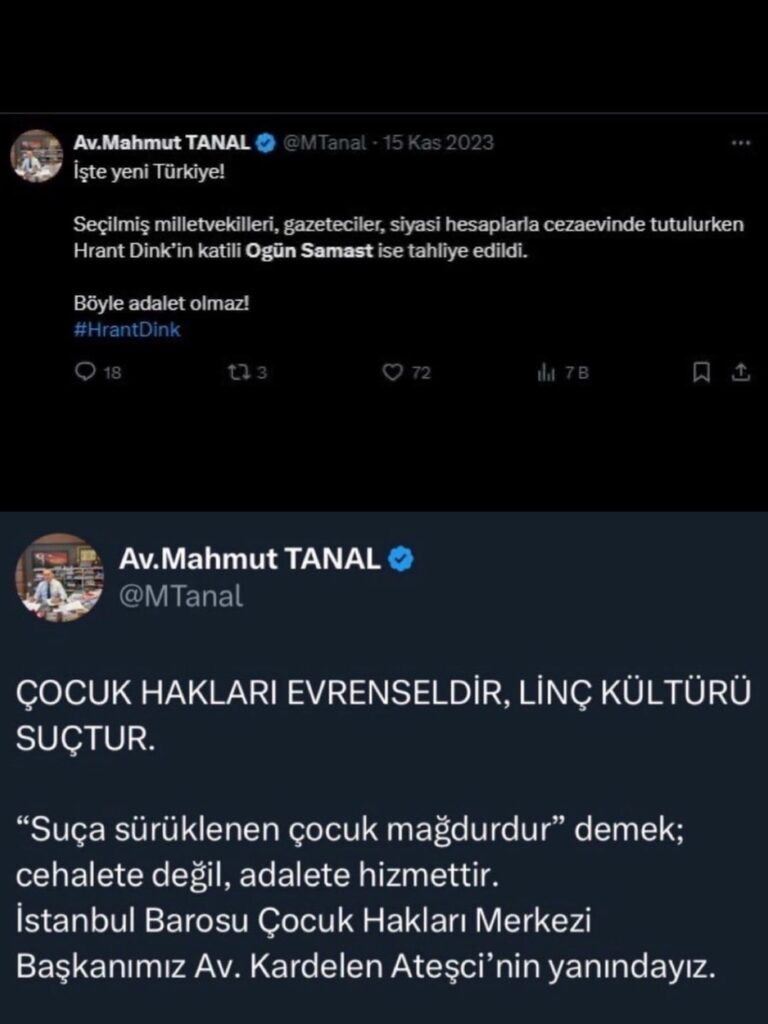 Mahmut Tanal, Att. Kardelen ättigte Kinder in die Beschreibung der Kriminalität, um die Beschreibung des Tweets nach der Löschung der Reaktionen zu unterstützen.