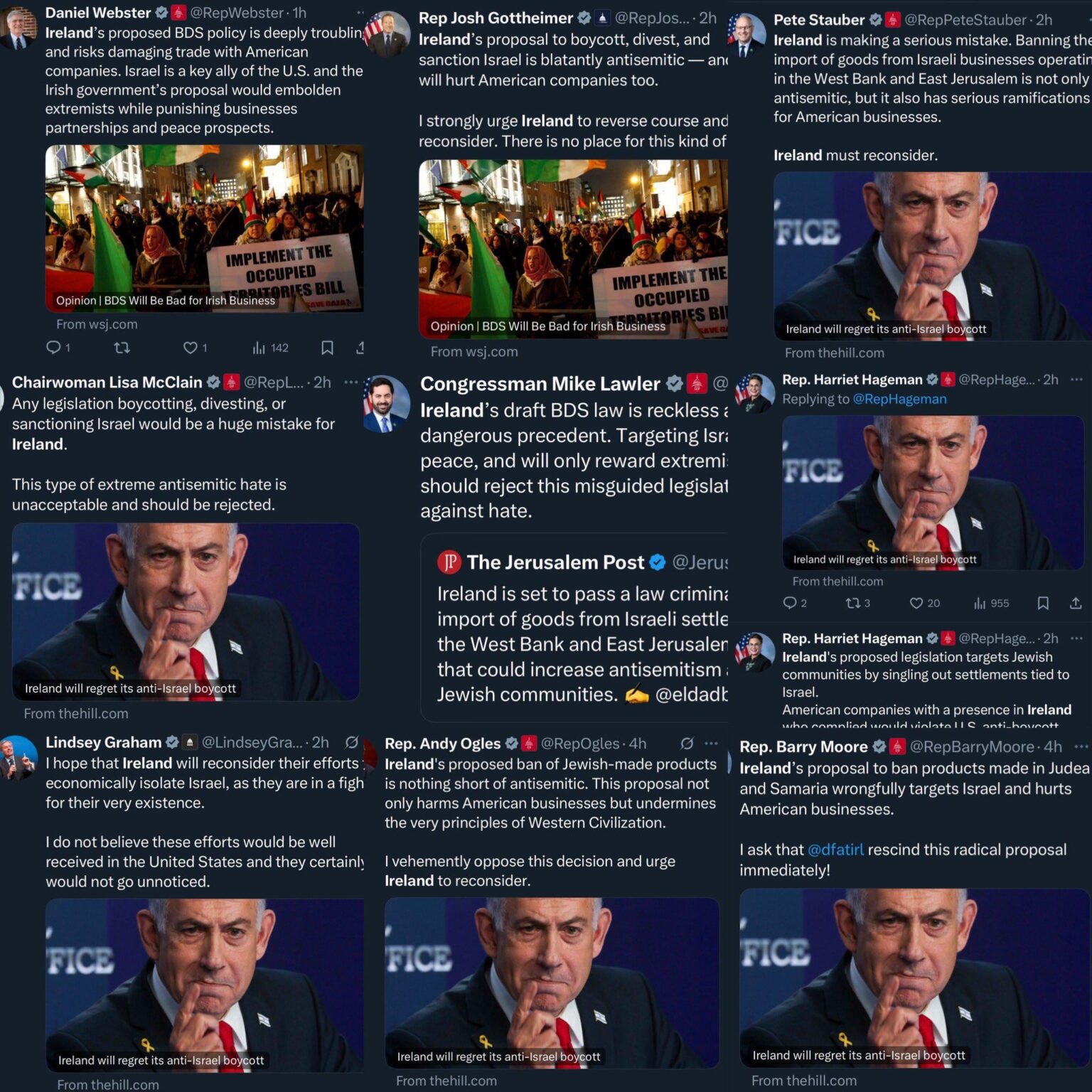 AIPAC-Zombies im Kongress twittern im Einklang, um Irland für vorgeschlagenes Gesetz zu verurteilen, das den Handel mit Unternehmen in illegalen israelischen Siedlungen in den illegal besetzten palästinensischen Gebieten verbietet.
