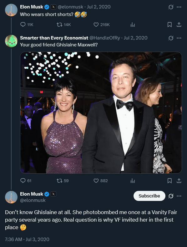 Während die Medien 2020 Trumps Tweets verfolgten, hier ist Elon Musk mit Ghislaine Maxwell, nur „zufällig photobombiert“ ihn bei Vanity Fair. Stellen Sie immer die eigentliche Frage: Wer hat sie eingeladen?
