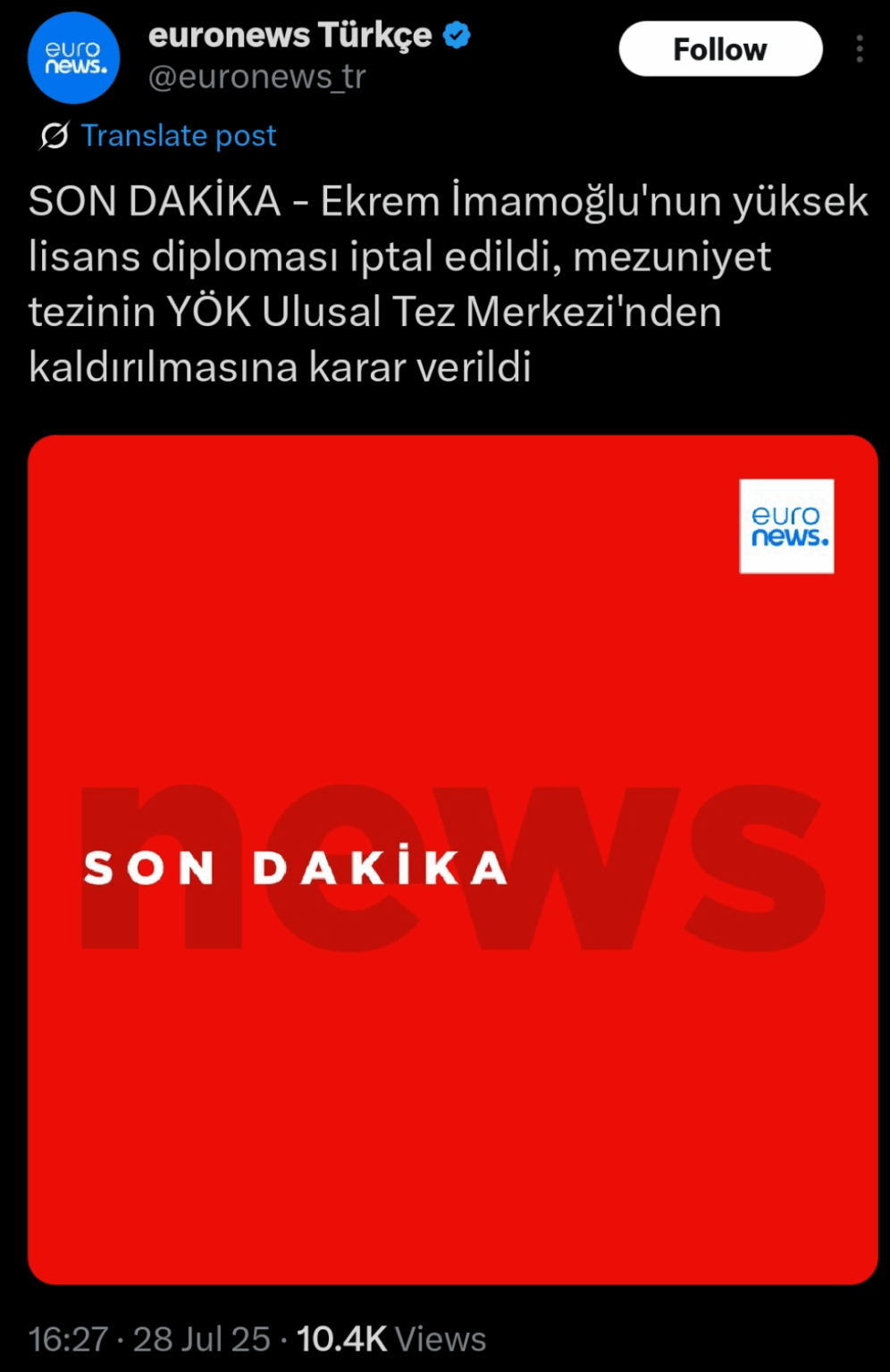 Das Master -Diplom von Ekrem İmamoğlu wurde abgesagt und es wurde beschlossen, die Abschlussarbeit aus dem Yök National Thesis Center zu entfernen.