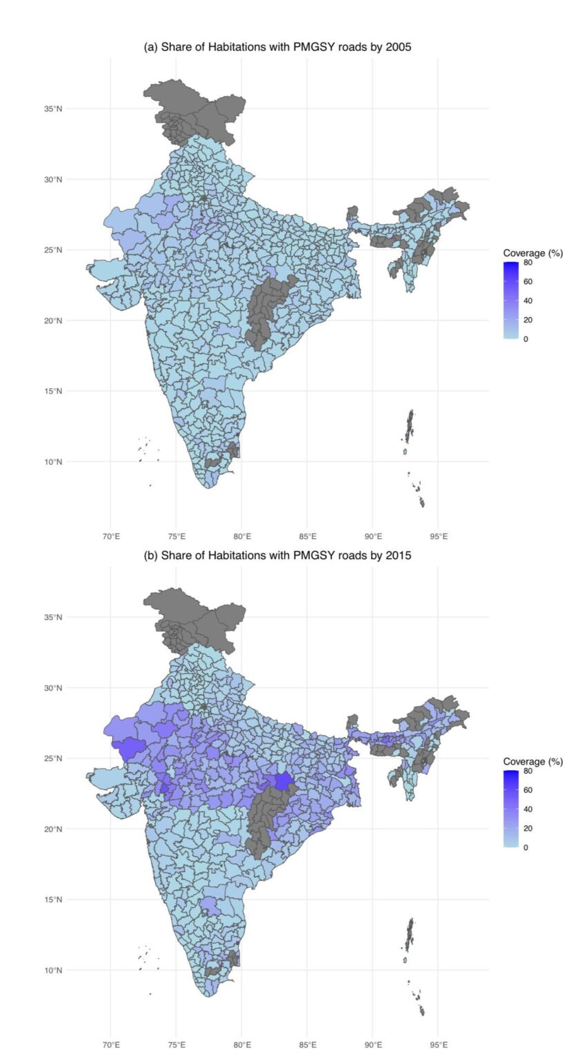 [OC] Ländliche Straßenentwicklung in Indien (2005 gegenüber 2015)